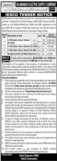 IESCO Islamabad Tender Notice
